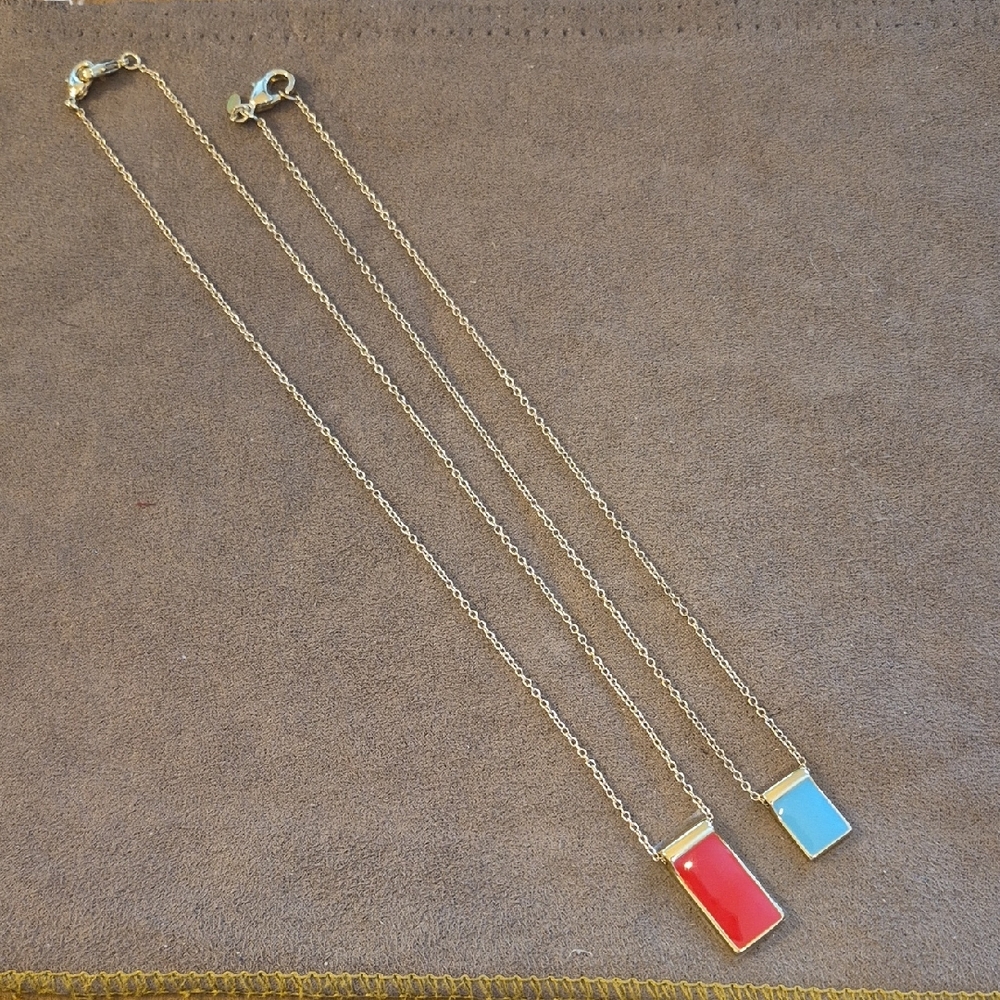 Set of 2 Gold Pendant Necklaces - Coral & Blue Rectangle Charms, Two Lengths